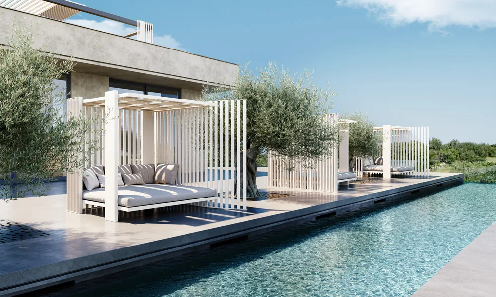 Due strutture BALINESE chiare lungo una piscina, con i teli tessili in copertura