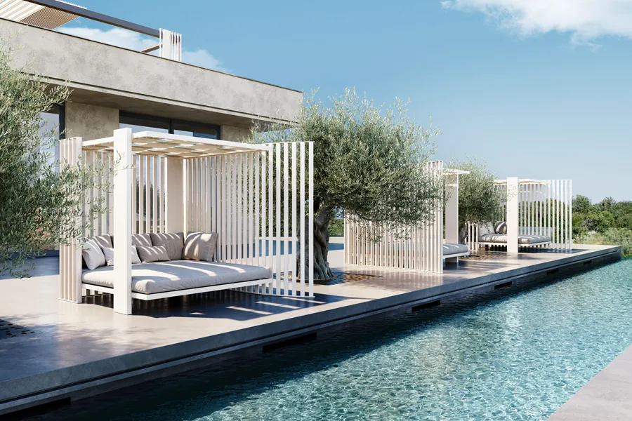 Due strutture BALINESE chiare lungo una piscina, con i teli tessili in copertura