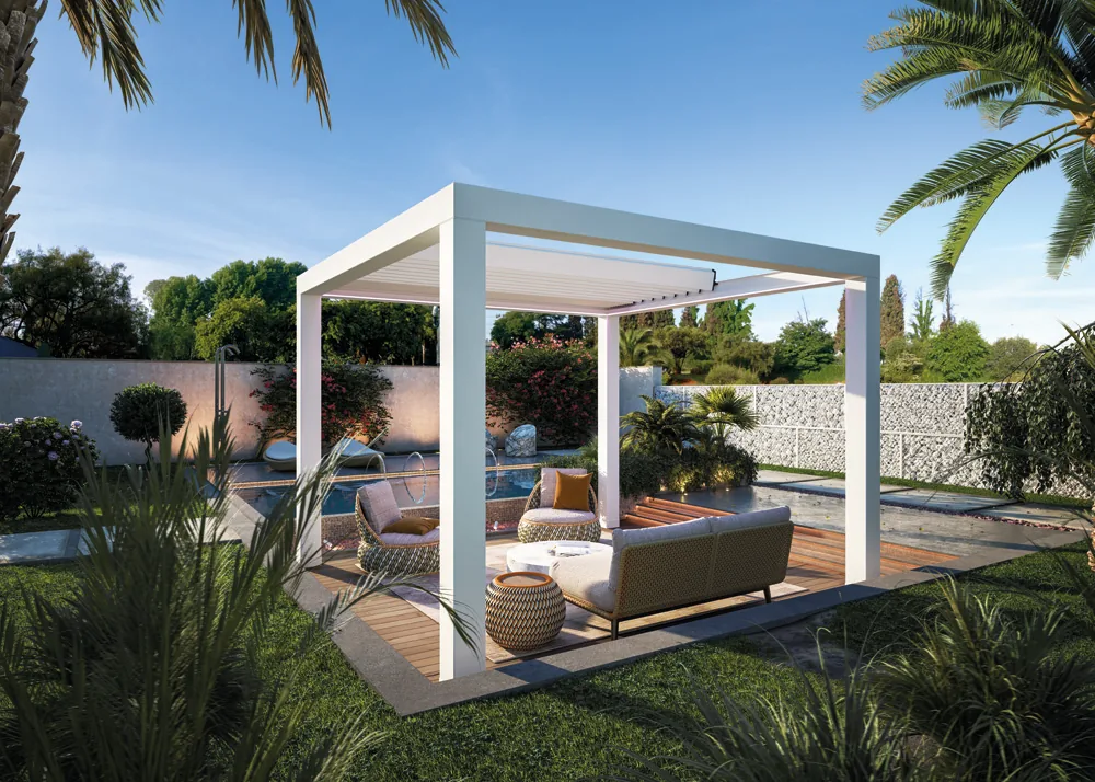 Pergola CHIC a bordo piscina, con divano e poltrone sotto la copertura