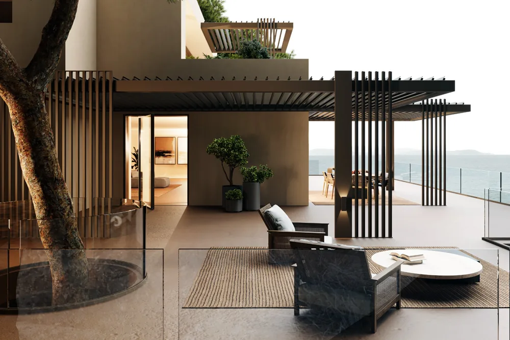 Terrazza con pergola CODE scura e frangisole verticali, un ulivo in primo piano e il mare sullo sfondo